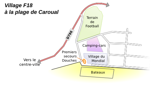 Plan du village du mondial de F18 à Caroual, Erquy. La description texte se trouve ci-dessous.